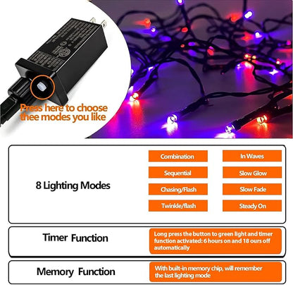 75.8FT 200 LED Linkable Orange and Purple Halloween Lights Indoor Outdoor | Timer & Memory Function & 8 Modes Plug in String Lights Waterproof for Creepy Halloween Party Tree Roof Graveyard Decor