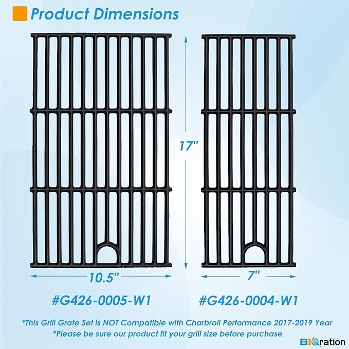 17" Grill Grate and Heat Plate for Charbroil Performance 2-Burner 463630021 | G426-0004-W1 G426-0005-W1 Cooking Grate for Charbroil 463630021 463660421 463630422 463660021, Heavy-duty Cast Iron
