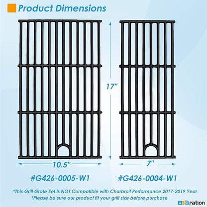 17" Grill Grate and Heat Plate for Charbroil Performance 2-Burner 463630021 | G426-0004-W1 G426-0005-W1 Cooking Grate for Charbroil 463630021 463660421 463630422 463660021, Heavy-duty Cast Iron