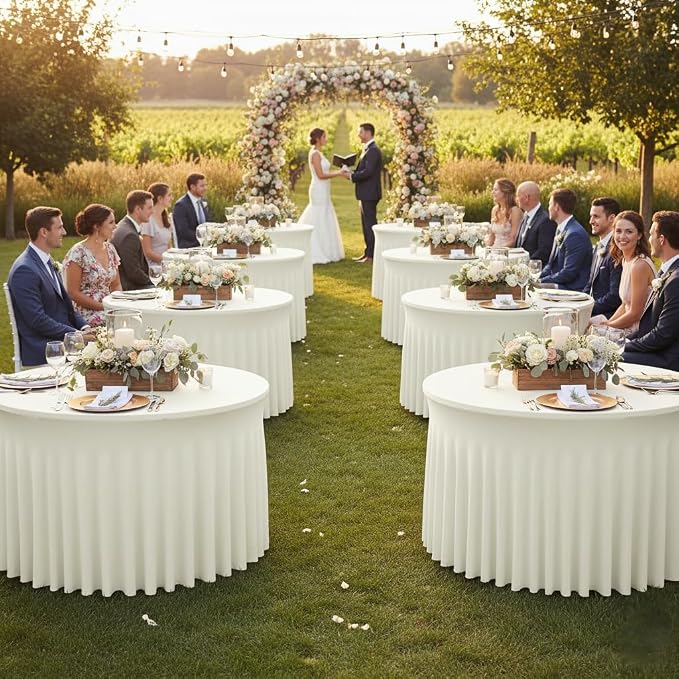Fitted Beige Spandex Table Skirts for Wedding Party,60 Inch Round,6 Pack | Spandex Table Covers, For 5 Ft Wedding Cake Tables, Wrinkle Resistant, Ruffle Design Banquets, Baby Showers, Parties