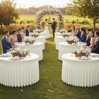 Fitted Beige Spandex Table Skirts for Wedding Party,60 Inch Round,6 Pack | Spandex Table Covers, For 5 Ft Wedding Cake Tables, Wrinkle Resistant, Ruffle Design Banquets, Baby Showers, Parties