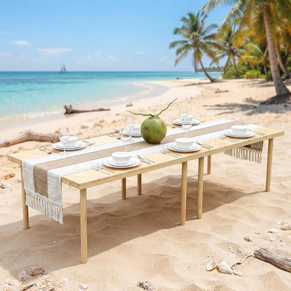 60"x30" Portable Boho Wooden Low Folding Picnic Table for Indoor Outdoor | Comes with Table Runner, Stable 8-leg Support & Thickened Structure, Thick Painted Tabletop Easy to Wipe, Fits 4-6 People