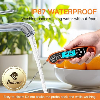 KULUNER Digital Meat Thermometer Instant Read, Orange Waterproof Food Thermometer with 4.6" Folding Probe, Backlight & Calibration, 2-3s Fast Reading for Kitchen BBQ Grilling Cooking - Orange