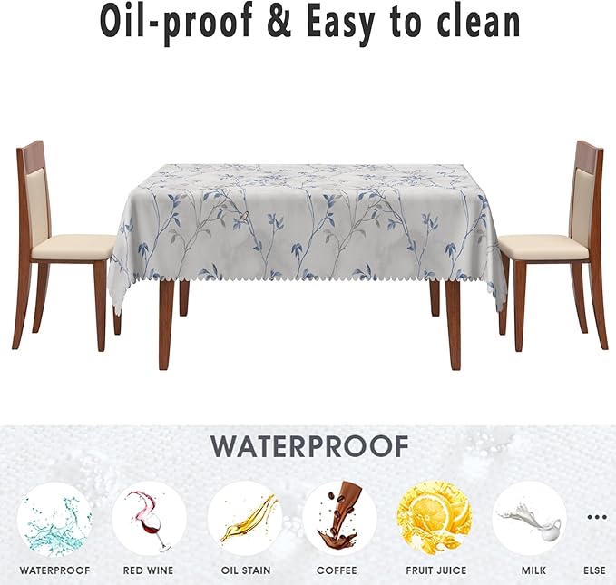 Blue Gray Floral Rectangle Tablecloths 60x84 Inch Plants Birds Decoration Table Cloth for Seasonal Decors Watercolor Oil Proof Spill Proof Wipeable Table Cloths for Indoor Outdoor Use