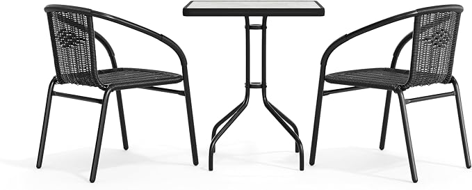 Flash Furniture Lila 23.5'' Square Glass Metal Table with 2 Black Rattan Stack Chairs | Durable Construction, Commercial Use