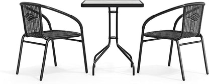 Flash Furniture Lila 23.5'' Square Glass Metal Table with 2 Black Rattan Stack Chairs | Durable Construction, Commercial Use