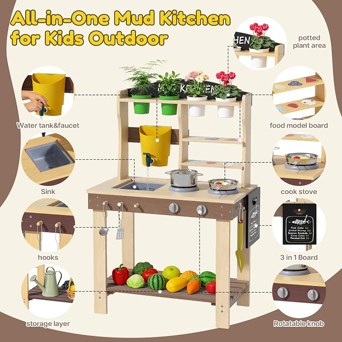 BIERUM Wooden Mud Kitchen for Kids Outdoor with Real Sink & Faucet, Green | with Real Sink, Faucet, Oven and Stove, for Water, Cooking & Planting, Perfect Outdoor Gift for Toddlers Boys Girls Ages 3+