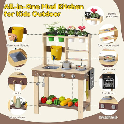 BIERUM Wooden Mud Kitchen for Kids Outdoor with Real Sink & Faucet, Green | with Real Sink, Faucet, Oven and Stove, for Water, Cooking & Planting, Perfect Outdoor Gift for Toddlers Boys Girls Ages 3+
