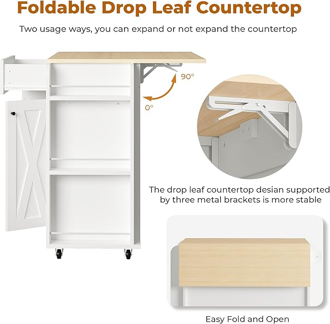 IRONCK Kitchen Island with Drop Leaf and Wine Rack, Rolling Kitchen Island on Wheels with Storage, Kitchen Island Cart with 3 Spice Rack, 3 Open Shelves, and Drawer, White