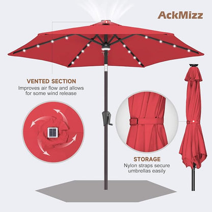 Solar Patio Umbrella with Centre Light, 7.5 ft Red | 24 LED Lights, UV Protection, Small Solar Outdoor Umbrella for Porch, Deck, Pool, Table, Garden, Provides Evening Lighting