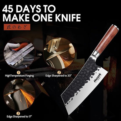 Huusk Cleaver Knife, 7" Japanese Professional Kitchen Knife, High Carbon Steel Sharp Chef Knives for Meat and Vegetable Chopping Knives with Ergonomic Rosewood Handle, Gift Idea for Men and Women