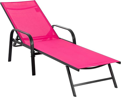 DUMOS Outdoor Lounge Chaise Set of 2 for Poolside Patio, 5-Position Chaise with Armrest, Sun Tanning Chair 350 lbs Heavy Duty Patio Pool Chair, Waterproof Lounge for Deck,Backyard, Beach,Pink