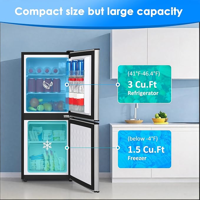 Compact Refrigerator with Freezer, 4.5 Cu. Ft. 2-Door Dorm Fridge, Silver | Compact Refrigerator 7-Level Adjustable Thermostat, Small Refrigerator with Freezer for Home, RV, Apartment, Office