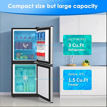 Compact Refrigerator with Freezer, 4.5 Cu. Ft. 2-Door Dorm Fridge, Silver | Compact Refrigerator 7-Level Adjustable Thermostat, Small Refrigerator with Freezer for Home, RV, Apartment, Office