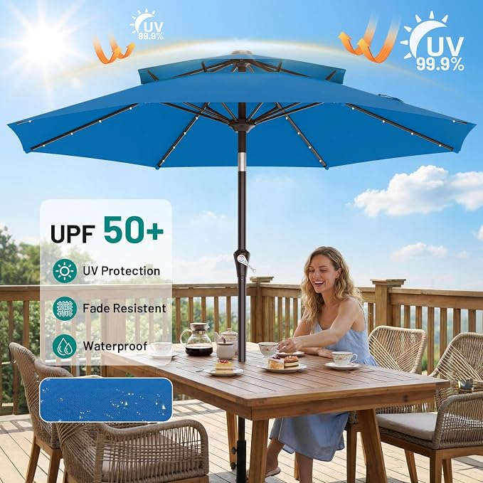 AreShark 9ft 2 Tiers Patio Umbrella with Solar Lights, Outdoor Umbrella w/ 32 LED Lights&8 Sturdy Ribs, Table Umbrella for Deck, Backyard, Pool(Royal Blue)