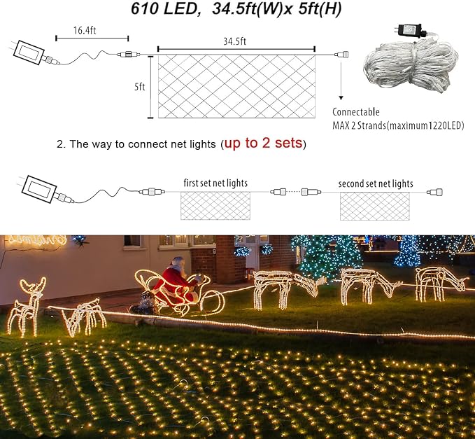 Pooqla Warm White Net Lights, 34.5X 5ft Christmas Lights Outdoor Clear Wire | 610 LED Large Net Mesh Lights Plug in, 8 Modes Waterproof Connectable Bushes Lights for Christmas Hedge Yard Decor