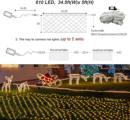 Pooqla Warm White Net Lights, 34.5X 5ft Christmas Lights Outdoor Clear Wire | 610 LED Large Net Mesh Lights Plug in, 8 Modes Waterproof Connectable Bushes Lights for Christmas Hedge Yard Decor