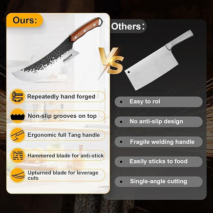 Huusk Butcher Knife for Meat Cutting, Meat Cleaver Heavy Duty with Sheath, Hand Forged Cooking Knives with Full Tang handle for Kitchen or BBQ, Men's gifts