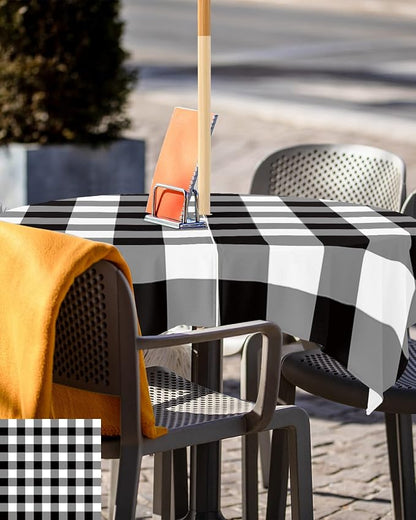 Black and White Checkered Outdoor Tablecloth - 54x54 Inch Square Dining Table Cover, Farmhouse Buffalo Plaid Waterproof Outdoor Table Cloth with Umbrella Hole & Zipper for Picnic/Patio/Party