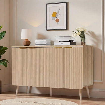 47.2" Modern Fluted Sideboard Cabinet with 4 Doors, Wood Storage Credenza with Shelves, Multi-Purpose Buffet Cabinet for Entryway, Dining & Living Room, Natural Wood