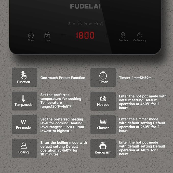 Portable Induction Cooktop, 1800W, 20 Settings, Hot Pot, RV Camping | Induction cooktop with 20 temp/power settings, child lock, turbo cooling, 6.9-inch coil, hot pot mode, RV, camping, dorm use