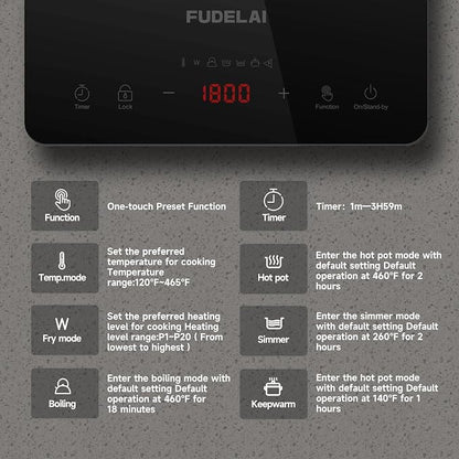Portable Induction Cooktop, 1800W, 20 Settings, Hot Pot, RV Camping | Induction cooktop with 20 temp/power settings, child lock, turbo cooling, 6.9-inch coil, hot pot mode, RV, camping, dorm use