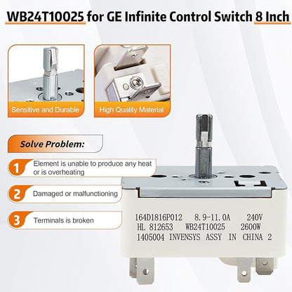 WB24T10025 Surface Burner Range Infinite Control Switch 8 Inch, Replace for AP2024072, 769692, AH236750, EA236750, PS236750,164d1816p012, Compatible with GE, for Kenmore, for Hotpoint Certain Stoves