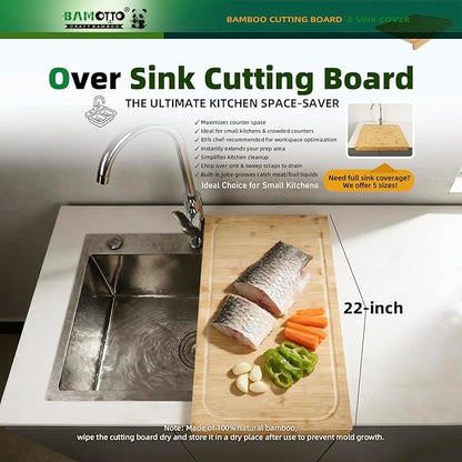 BAMOTTO CRAFTBAMBOO 12.6x22 Inch Bamboo Cutting Board, Over Sink Stove Cover, Detachable Non-Slip Front Lip, Reversible Dual Juice Grooves, Countertop Extension for Small Kitchen RV Camper, 6.04 lbs