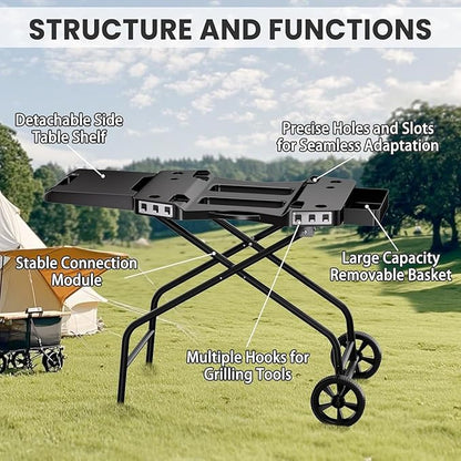 Hisencn Foldable Grill Cart for Ninja Woodfire Outdoor Grill OG700 Series OG701 OG751 OG705 OG750 & Blackstone 22" | Portable BBQ Stand with Wheels, Side Table & Storage Basket
