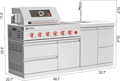 SERA C 4-Burner Natural Gas Modular Outdoor Kitchen Compact Patio | 75,300 BTU, side burner for sauces, pull-out faucet sink, 304 stainless steel, locking caster, compact patio balcony backyard