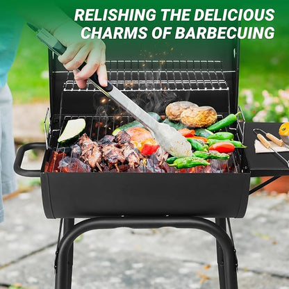 Charcoal Grill with Side Table and Wheels, Large Outdoor BBQ Grill, Barrel Grill with Adjustable Height Charcoal Pan, Temperature Gauge & Ash Tray for Backyard, Camping, Patio Parties