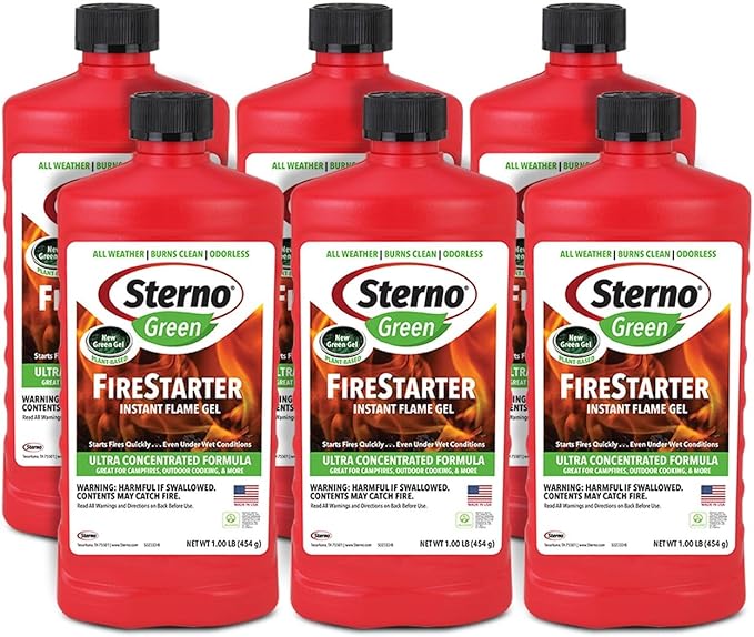 Sterno Charcoal Lighter Fluid, Fire Starter Gel for Pellet Stoves, BBQ Grilling, Campfire, Ethanol Clean Burning Instant Flame - Ultra-Concentrated, All-Weather for Indoor & Outdoor - 6-Pack, 16oz