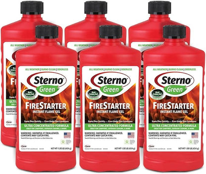 Sterno Charcoal Lighter Fluid, Fire Starter Gel for Pellet Stoves, BBQ Grilling, Campfire, Ethanol Clean Burning Instant Flame - Ultra-Concentrated, All-Weather for Indoor & Outdoor - 6-Pack, 16oz