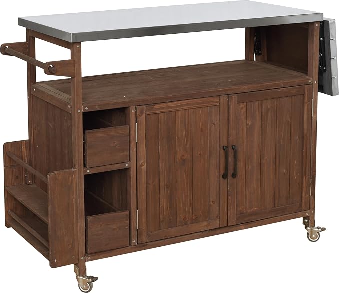 Christopher Knight Home Edsel Outdoor Bar Cart with Stainless Steel Top and Lockable Wheels, Solid Wood Outdoor Storage Cabinet, Kitchen Island Serving Cart for Poolside, Garden, Brown+Silver