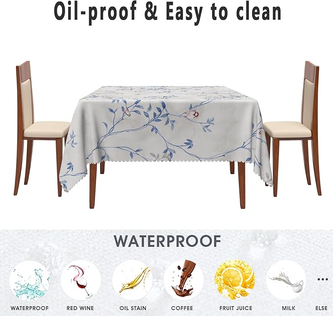 Blue Gray Floral Square Tablecloths 60x60 Inch Plants Birds Decoration Table Cloth for Seasonal Decors Watercolor Oil Proof Spill Proof Wipeable Table Cloths for Indoor Outdoor Use