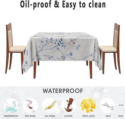 Blue Gray Floral Square Tablecloths 60x60 Inch Plants Birds Decoration Table Cloth for Seasonal Decors Watercolor Oil Proof Spill Proof Wipeable Table Cloths for Indoor Outdoor Use