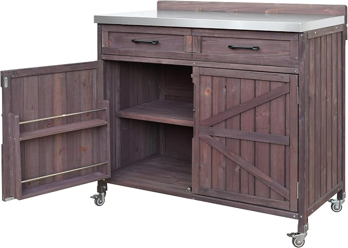 JIVOIT 39.4" Outdoor Kitchen Island with Stainless Table Top, Solid Fir Wood Storage Kitchen Cabinet with Drawer, Adjustable Shelves, Internal Storage Racks & 4 Wheels, Two Doors (Dark Brown/9)