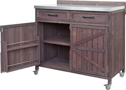 JIVOIT 39.4" Outdoor Kitchen Island with Stainless Table Top, Solid Fir Wood Storage Kitchen Cabinet with Drawer, Adjustable Shelves, Internal Storage Racks & 4 Wheels, Two Doors (Dark Brown/9)