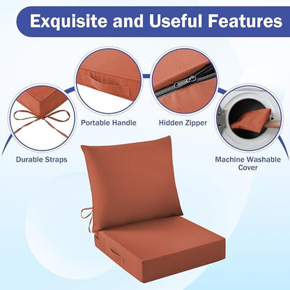 Outdoor Chair Cushions, 24 x 24 Inch Outdoor Cushion for Patio Furniture, Patio Chair Cushion, Waterproof & Fade Resistant Deep Patio Furniture Cushions Set with Handle and Ties, Spice (Set of 2)