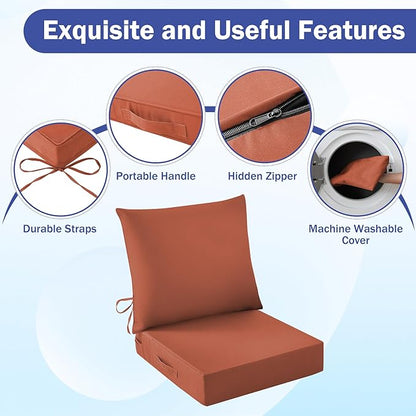 Outdoor Chair Cushions, 24 x 24 Inch Outdoor Cushion for Patio Furniture, Patio Chair Cushion, Waterproof & Fade Resistant Deep Patio Furniture Cushions Set with Handle and Ties, Spice (Set of 4)