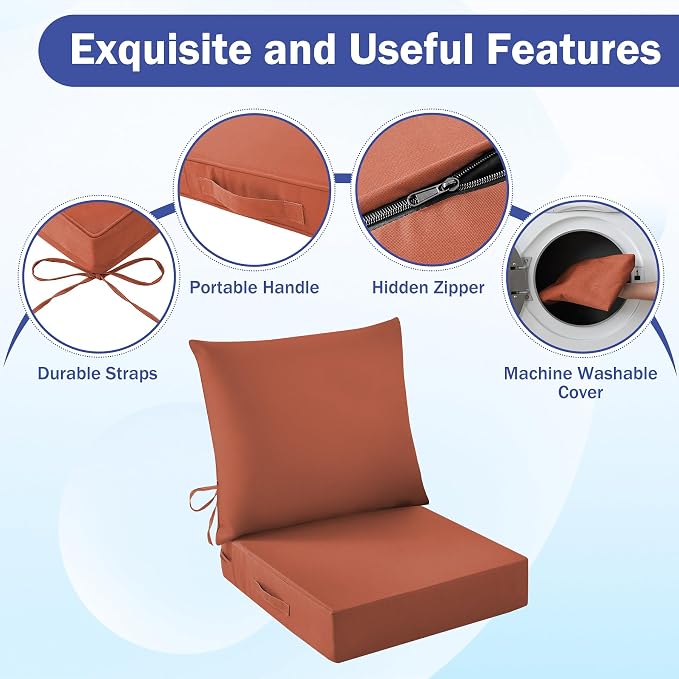 Outdoor Chair Cushions, 24 x 24 Inch Outdoor Cushion for Patio Furniture, Patio Chair Cushion, Waterproof & Fade Resistant Deep Patio Furniture Cushions Set with Handle and Ties, Spice (Set of 6)