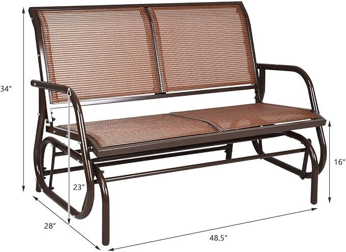 Giantex Swing Glider Chair 48 Inch with Spacious Space, 2 People Lounge Cozy Patio Bench Outdoor & Indoor for Patio, Backyard, Poolside, Lawn Steel Rocking Garden Loveseat (Brown)