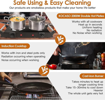 Electric Hot Plate for Cooking, 2000W Portable Cooking Stove Countertop Dual Burner Cooktop, Adjustable Temperature Control for All Cookwares Home Camp RV, Easy to Clean (Black)