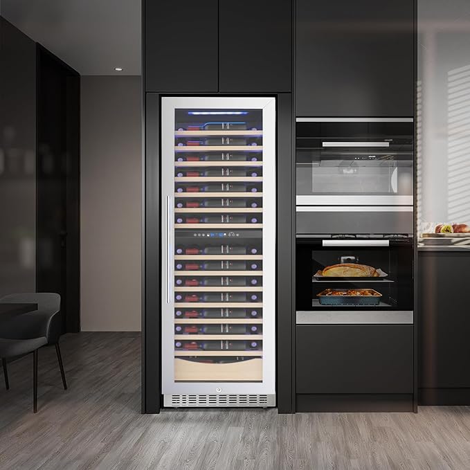COWSAR 24 Inch Wine Cooler Drink Fridge, 105 Bottles Commercial Wine Fridge, Tall Freestanding/Built-in Beverage Refrigerator Glass Door with Removable Wooden Shelves, Blue LED Lights, Safety lock
