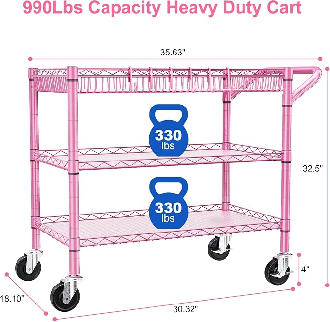 WDT Pink Rolling Utility Cart with Wheels, 990Lbs Heavy Duty Metal Cart with Handle & Shelf Liners, NSF Certified 3-Tier Storage Trolley for Esthetician, Kitchen, Salon & Craft Room, Pink