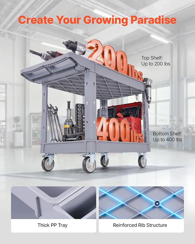 VEVOR Utility Cart, 550 lbs Capacity, 2 Tier Service Cart with 360° Swivel & Fixed Wheels (2 with Brakes), Heavy Duty Plastic Rolling with Storage Tray, Tool Storage for Garage Warehouse Workshop Gray