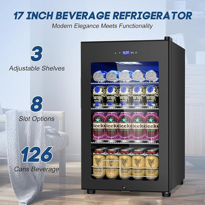 Velivi 17Inch Beverage Refrigerator and Cooler Freestanding, 96 Cans Mini Fridge with glass door and Lock, Small Drink Fridge for Soda, Beer, Wine, For Home Bar Office with LED Light