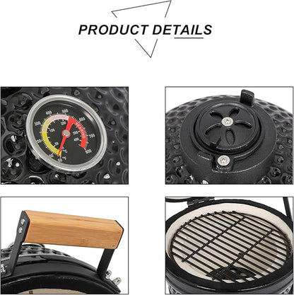 13" Ceramic Grill Round Portable Charcoal Barbecue Grills with Thermometer, Compact BBQ Grill for Garden Backyard Party Picnic Hiking Travel Outdoor Cooking Use, Easy to Assemble, Black