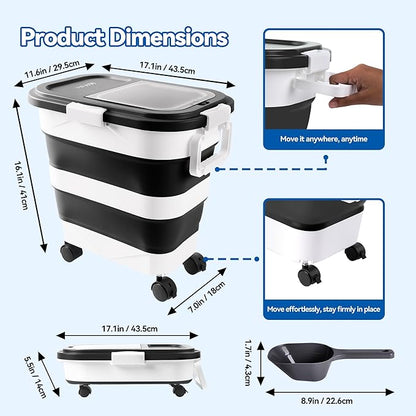 Wood Pellet Storage Container 30-40lbs, Airtight Bin with Locking Lid & Clear Window, Collapsible Pellet Bucket with Wheels, Scoop & Labels, Black & White