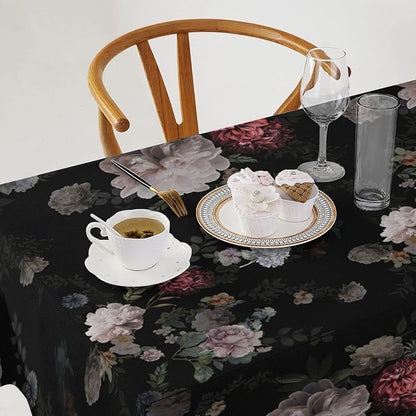 Vintage Florals Tablecloth, Black Pink Garden Gothic Flowers Rustic Roses Boho Botanical Plant Water Resistant Wipeable Table Cover for Picnic Party Holiday Kitchen Dinner Table 55"x55"